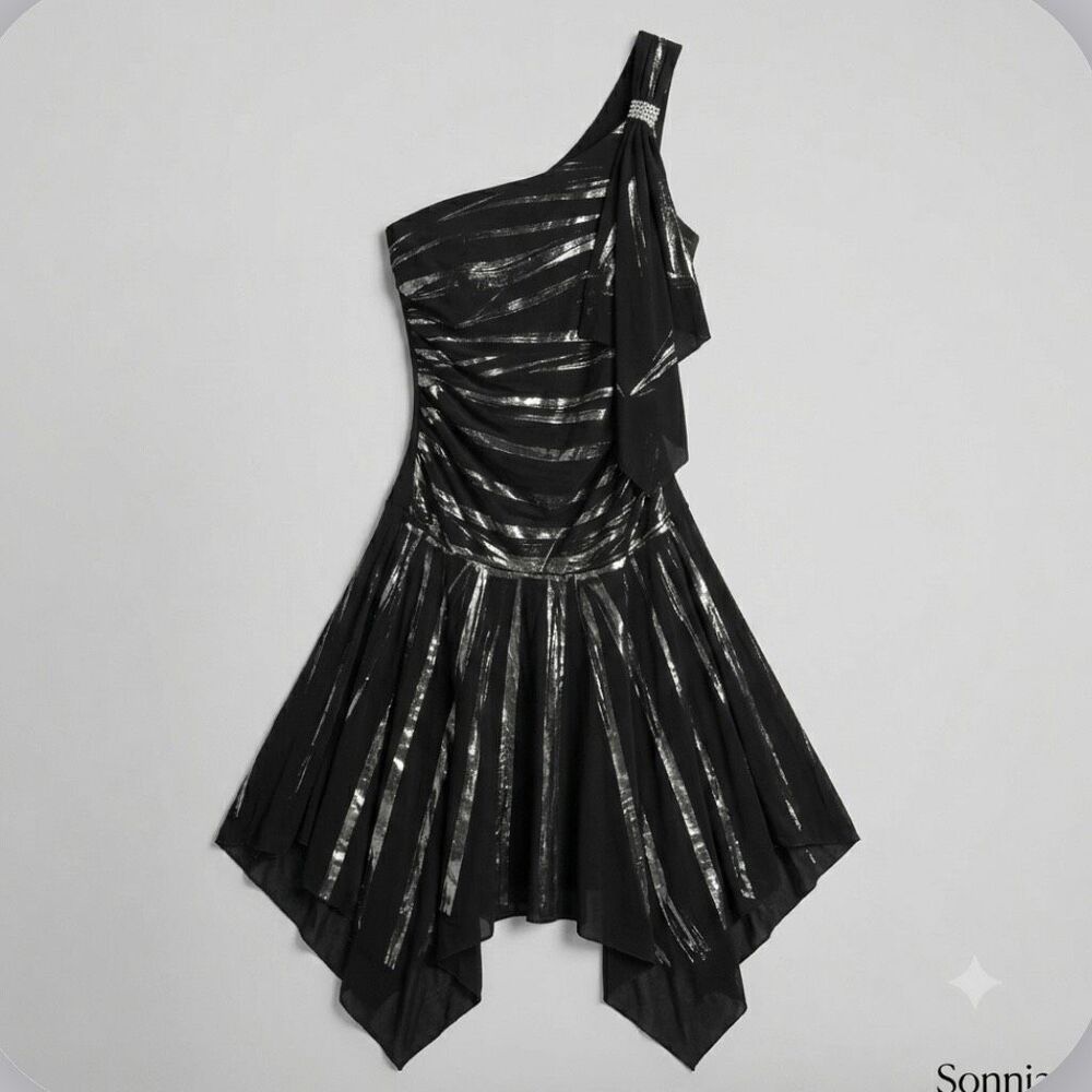 Y2K mcbling handkerchief hem whimsigoth metallic pixie hem one shoulder prom fes